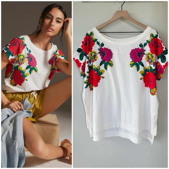 Anthropologie Tops - ANTHROPOLOGIE XL Rose Printed Cream Tee Ivory Vibrant Dolman Sleeve Floral Top